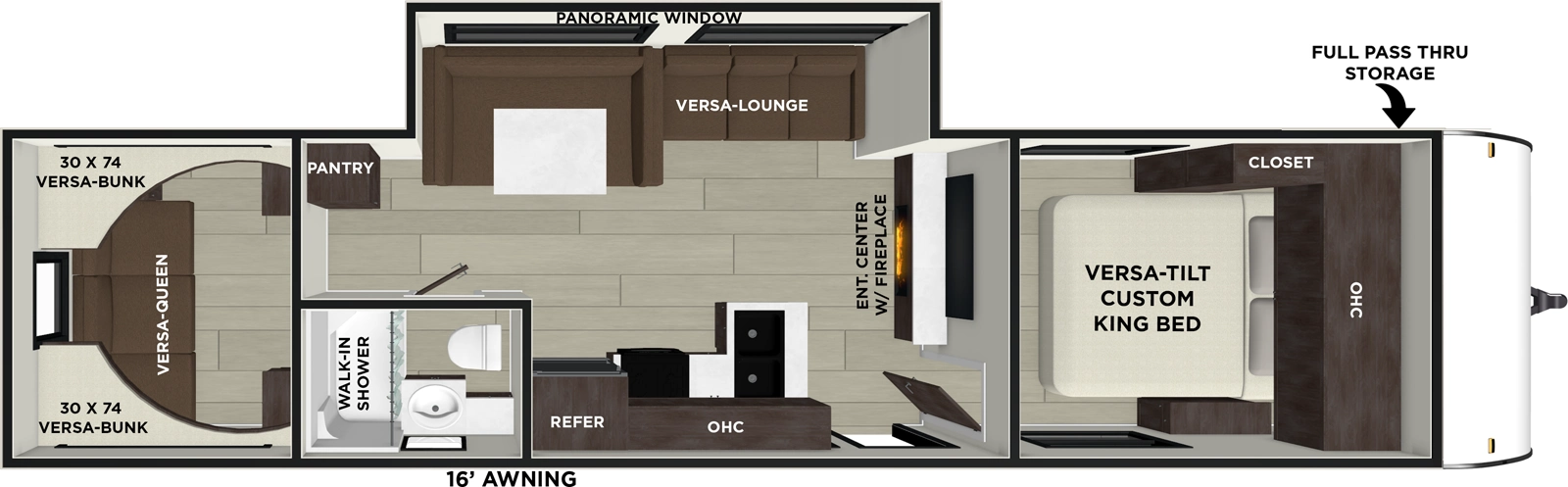 The Evo 2985VBX floorplan has one entry and one slide out. Exterior features include: fiberglass exterior and 16' awning. Interiors features include: bunk beds, u-dinette and front bedroom.